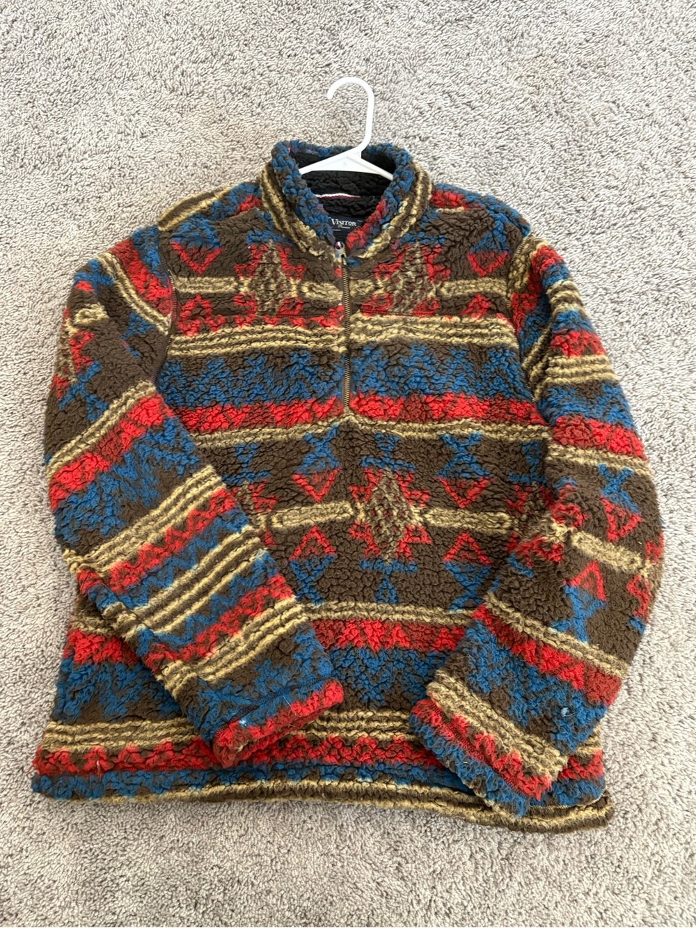 Visitor Cozy Patterned Half-Zip Sherpa Sweater - Brown/Blue/Red